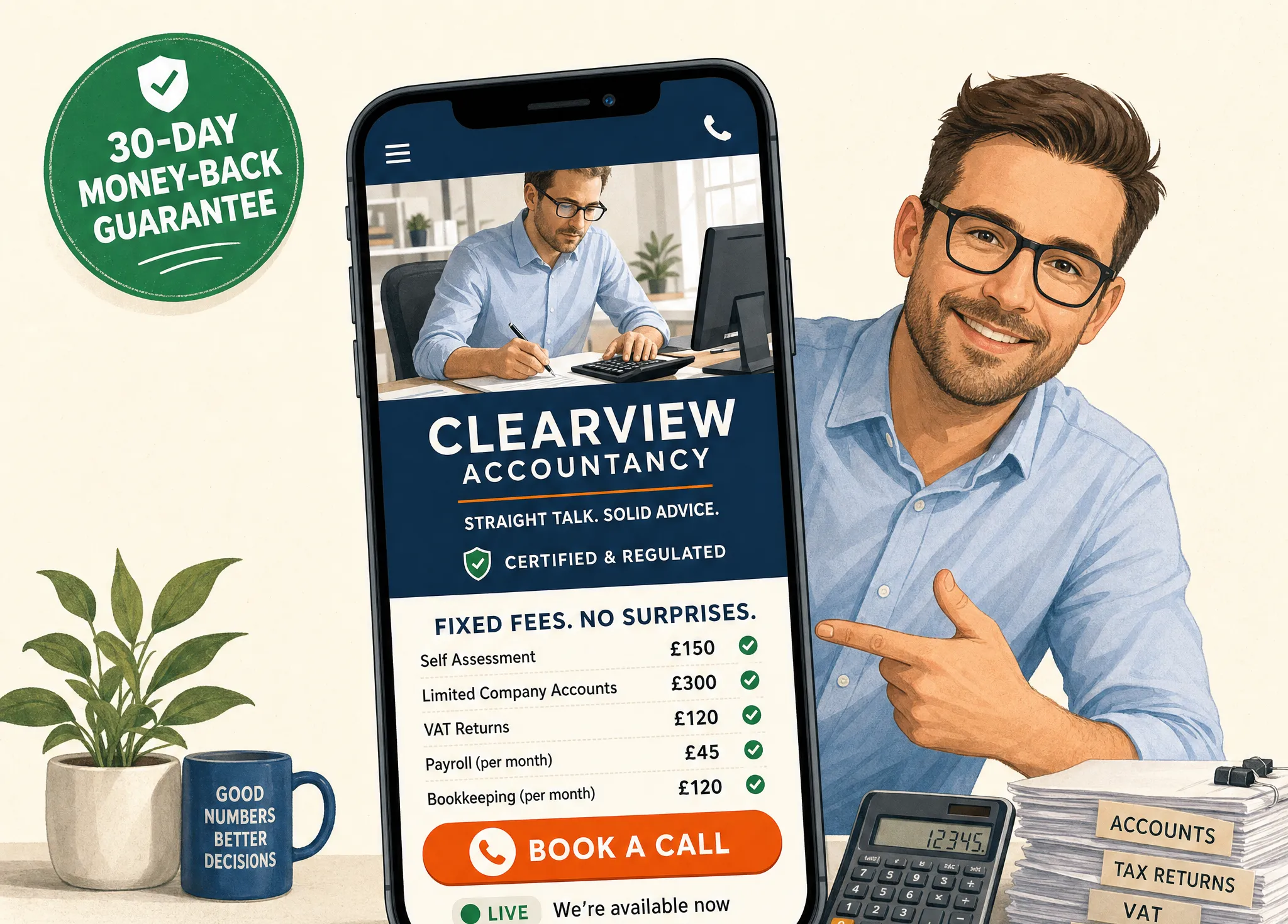 Friendly accountant holding up a phone showing a new website with a big call button and a 30-day money-back guarantee badge