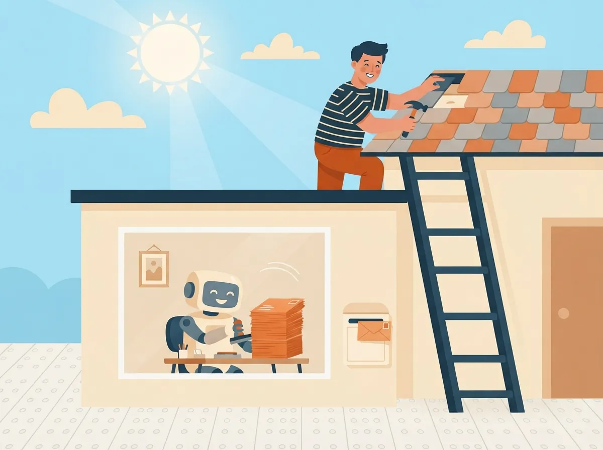 Tradesman working on a roof while his agent posts the finished quotes from the office