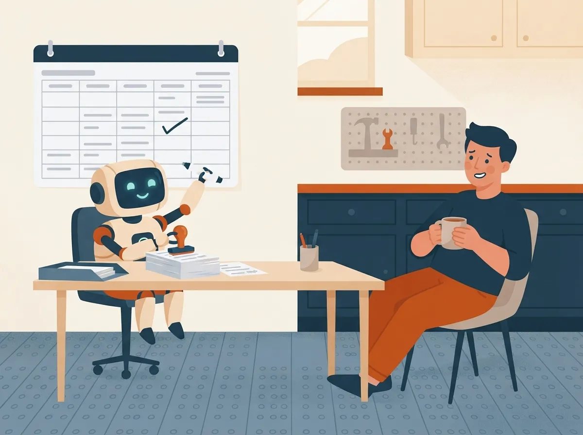 Helpful robot assistant handling paperwork and diary tasks beside a relaxed business owner