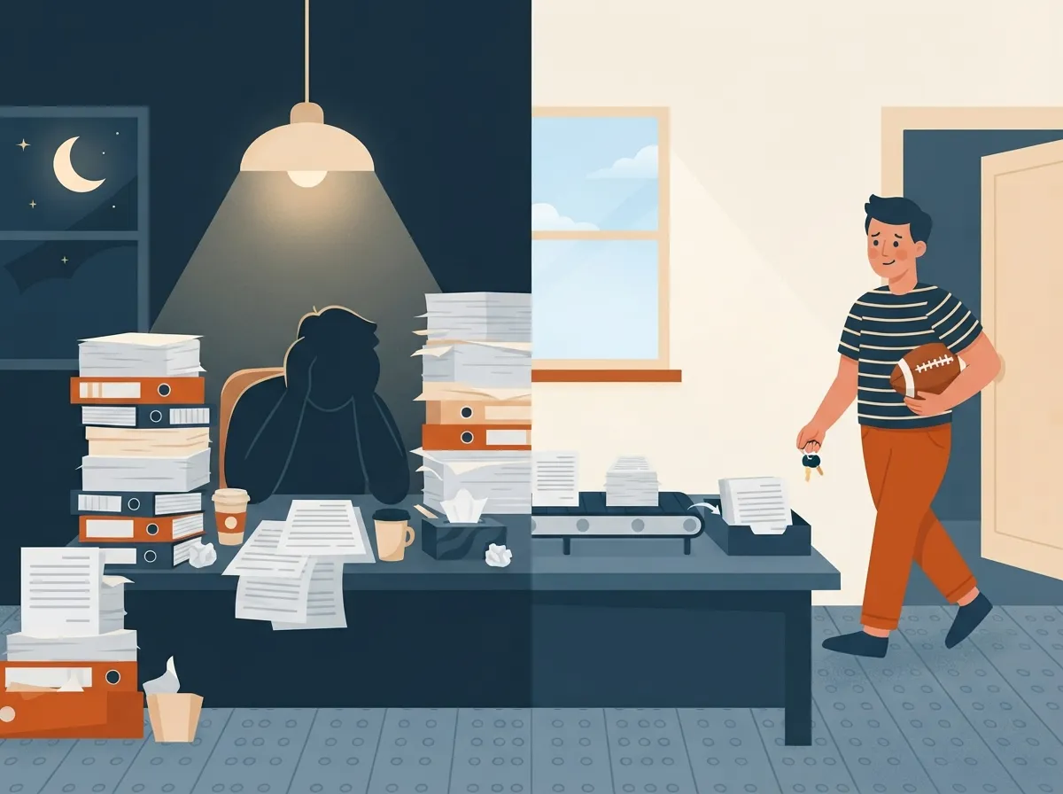 Desk buried in midnight paperwork transformed into a clear desk with documents flowing by themselves