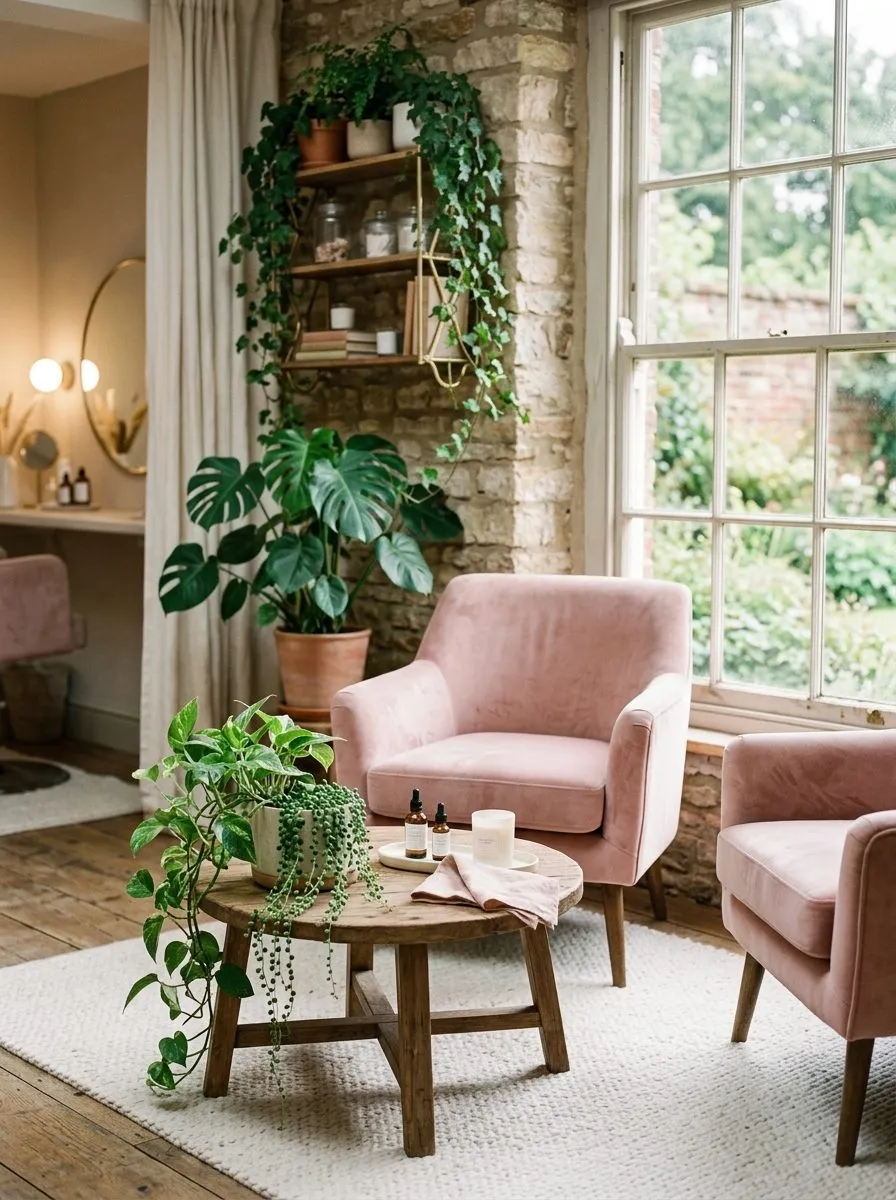 The Velvet and Vine studio interior with blush velvet chairs, trailing plants and soft light