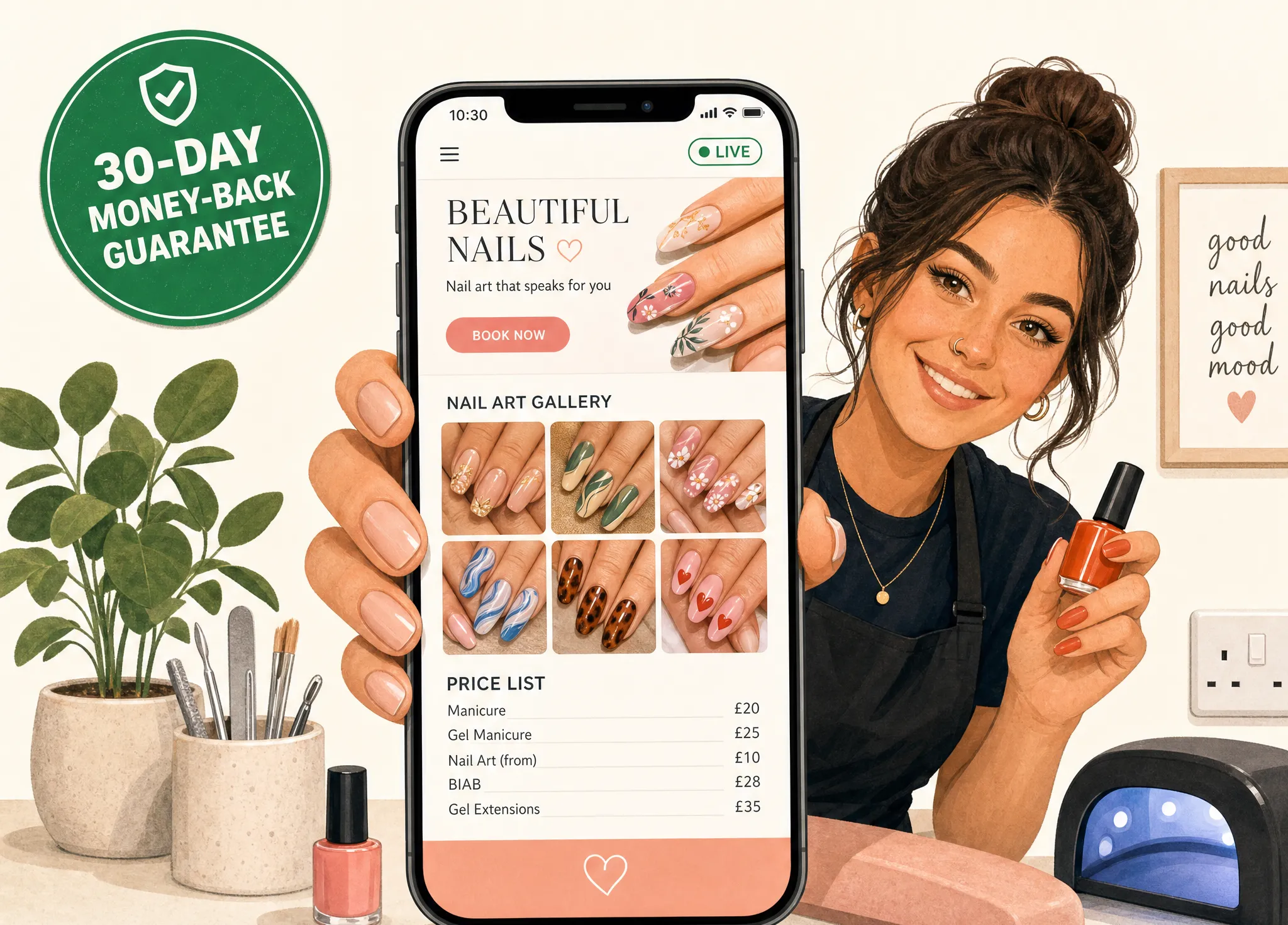 Friendly nail salon holding up a phone showing a new website with a big call button and a 30-day money-back guarantee badge