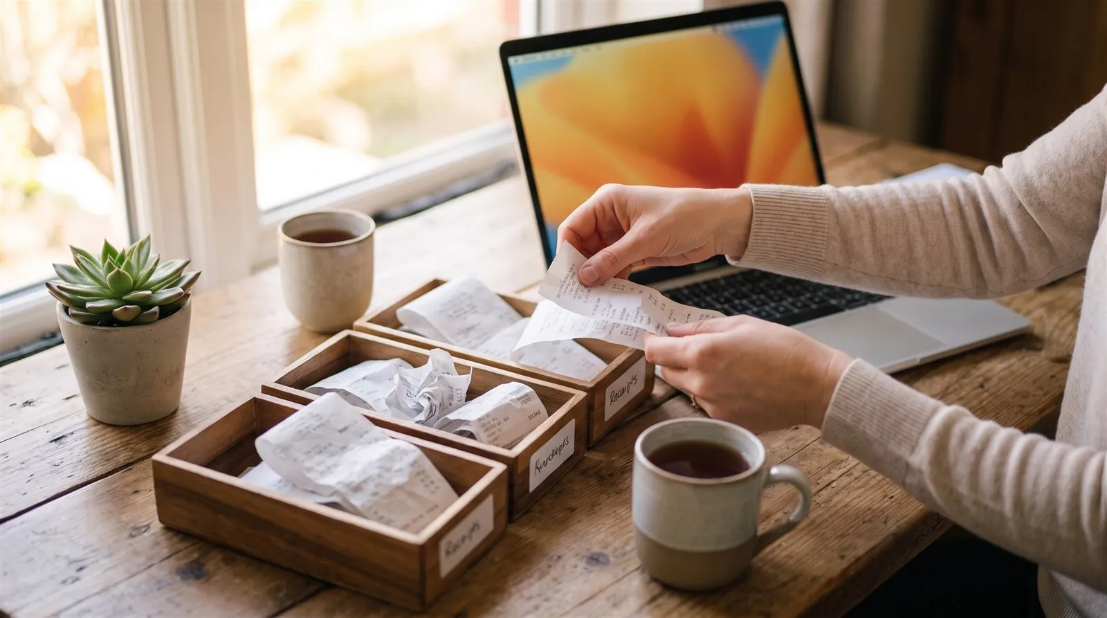 Receipts being sorted into neat labelled trays