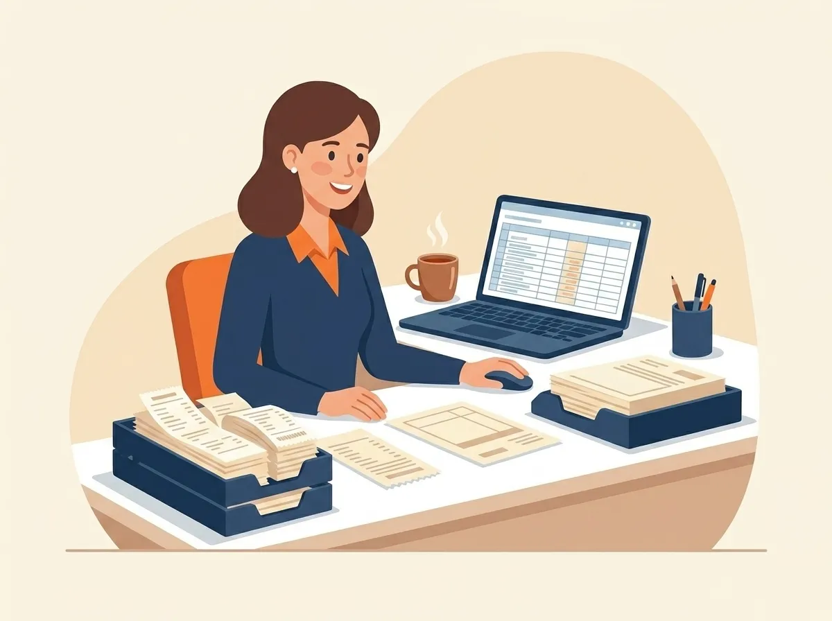 Friendly bookkeeper reconciling accounts on a laptop with tidy receipts and a mug of tea