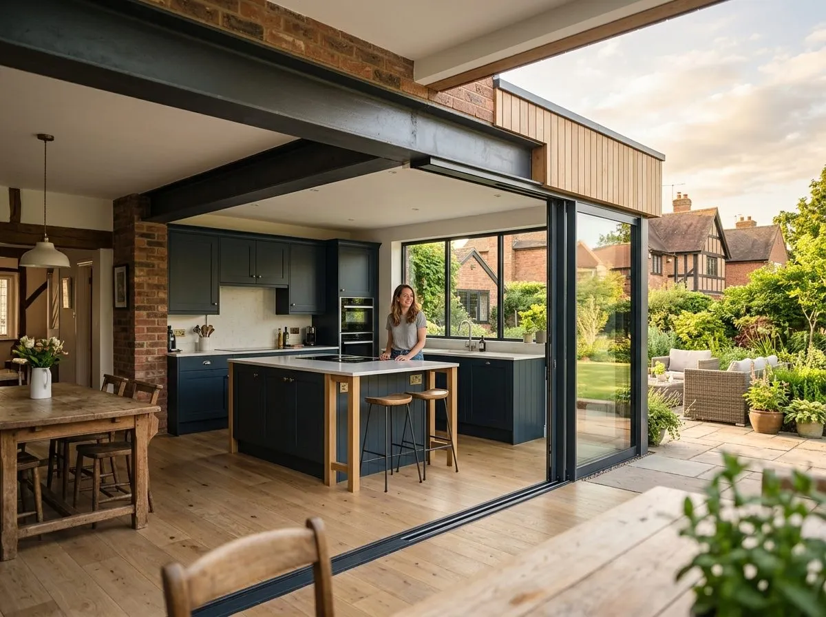 Open plan kitchen extension with exposed steel beam and full width sliding doors, Kenilworth