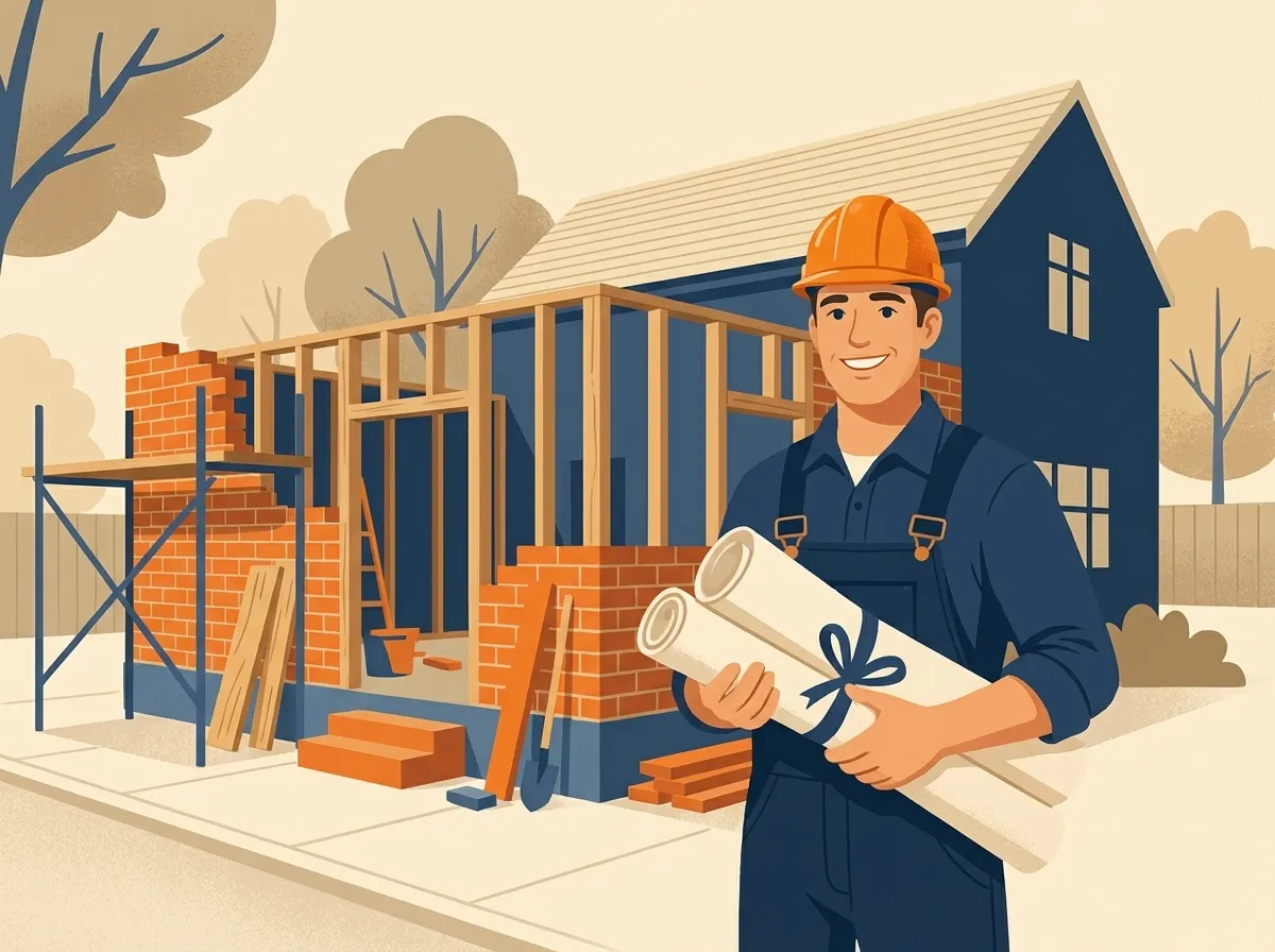Friendly builder holding plans in front of a partly built brick extension