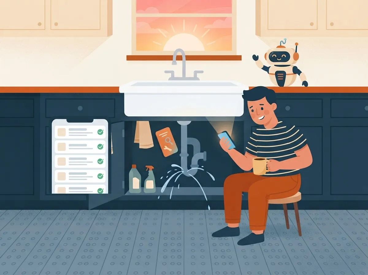 Tradesman enjoying morning coffee while his chatbot shows the leads it captured overnight
