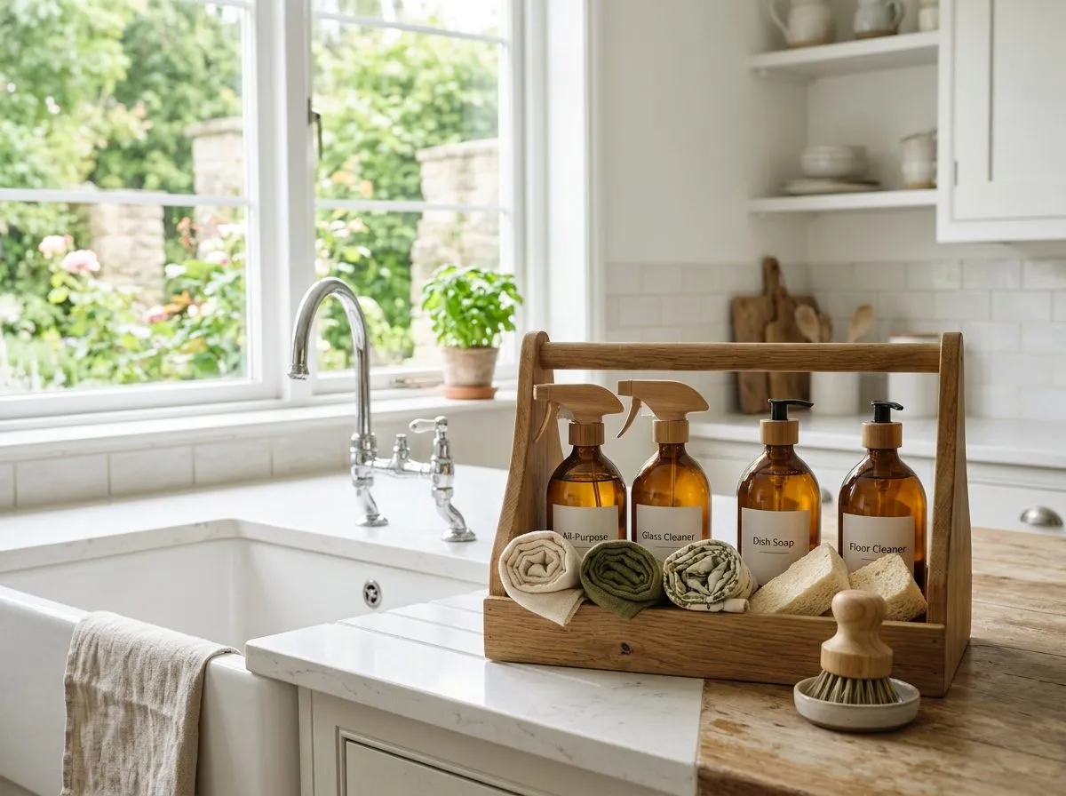 Eco friendly cleaning supplies, refillable bottles and cloths arranged in a caddy
