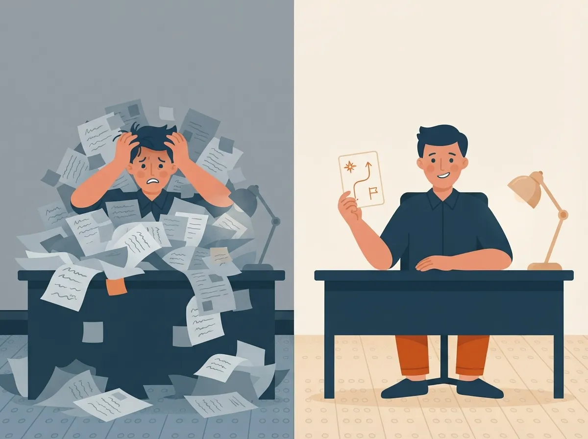 Business owner going from a desk buried in paperwork to holding one clear simple roadmap