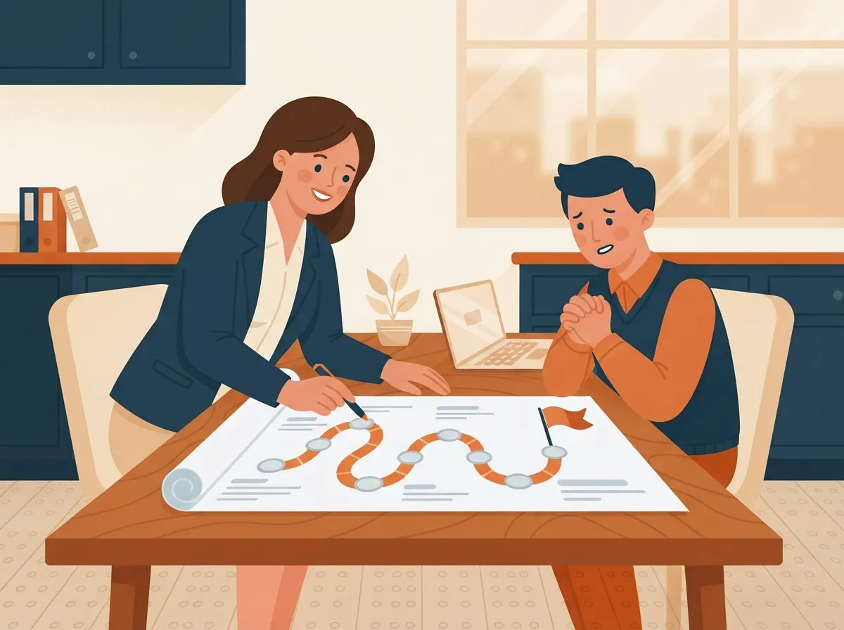 Consultant walking a business owner through a clear roadmap of AI improvements