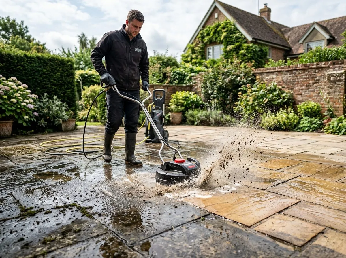 Revive technician pressure washing a patio with a rotary surface cleaner, water spray in action