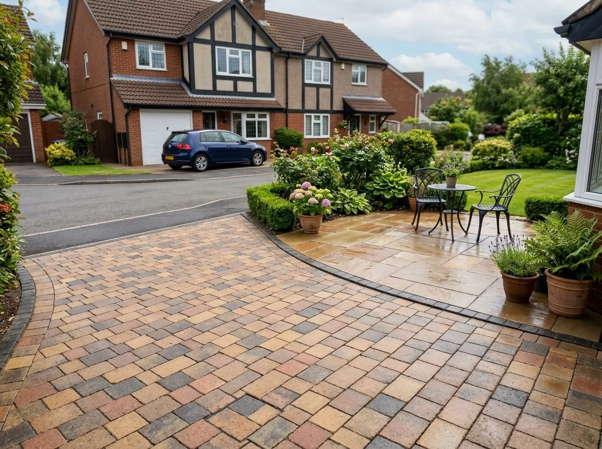Finished patio and driveway after a Revive deep clean and seal, paving restored to its original colour