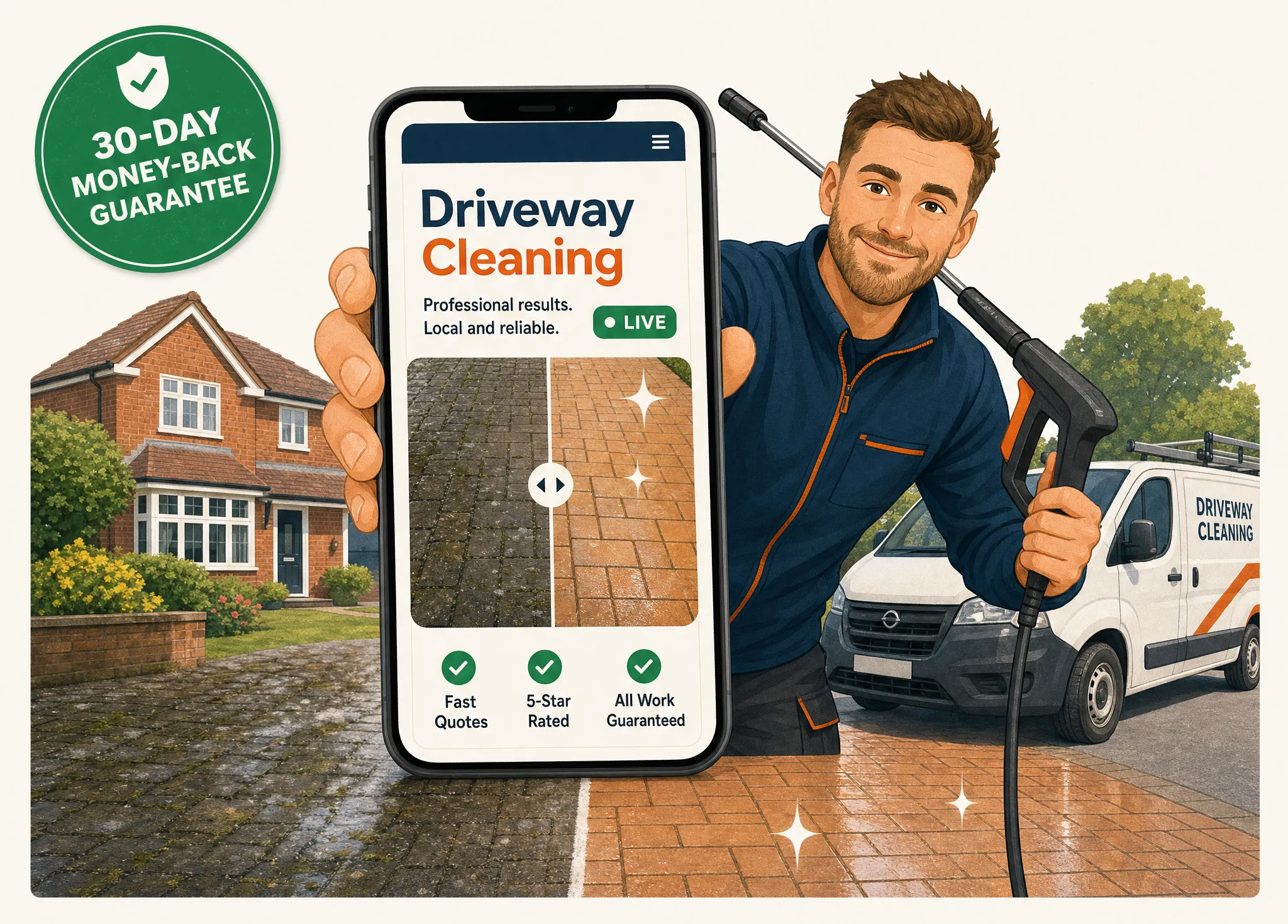 Friendly driveway & patio cleaner holding up a phone showing a new website with a big call button and a 30-day money-back guarantee badge