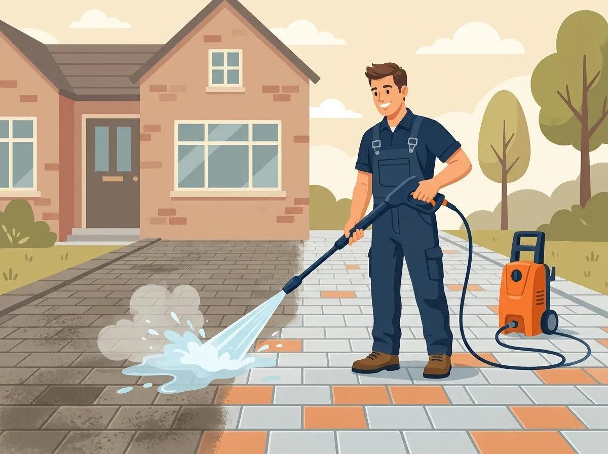 Driveway cleaner pressure-washing block paving, half dirty and half sparkling clean