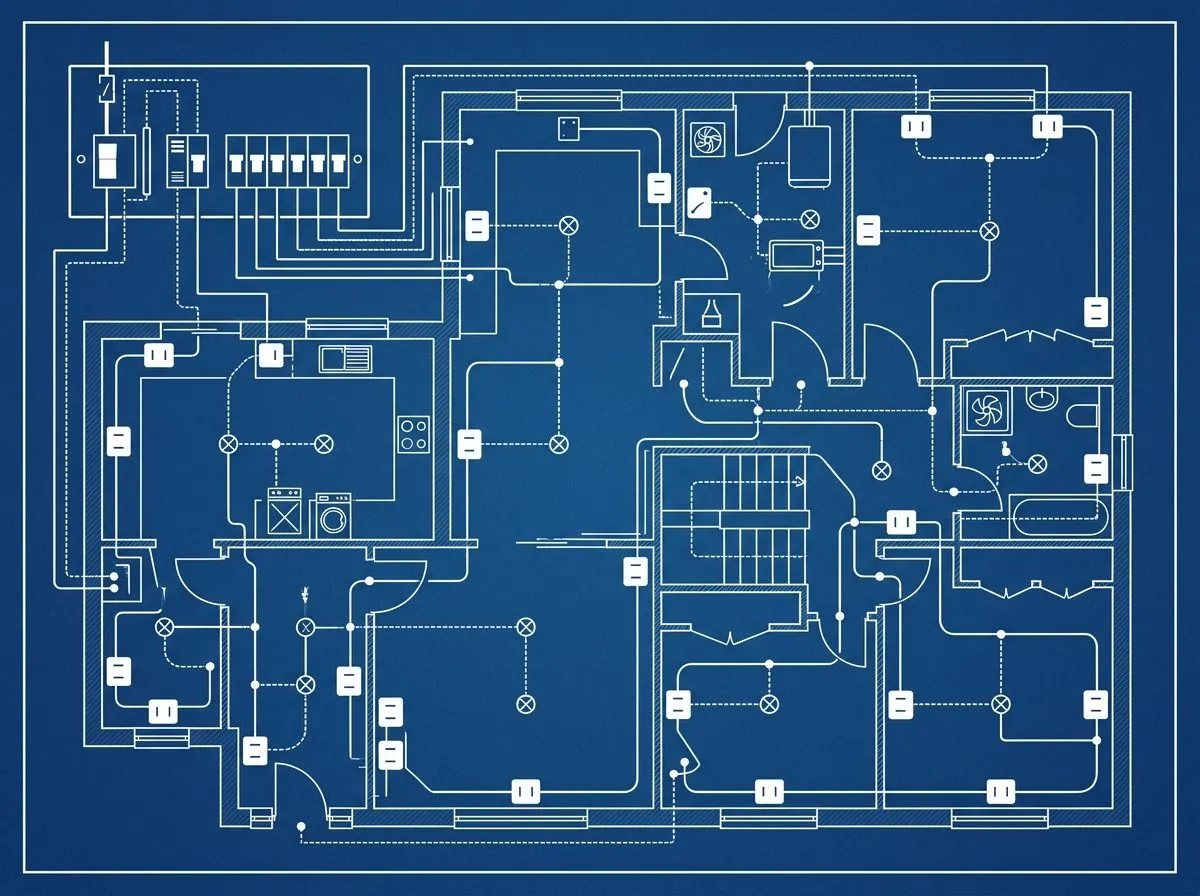 Navy blueprint style illustration of a domestic electrical circuit layout