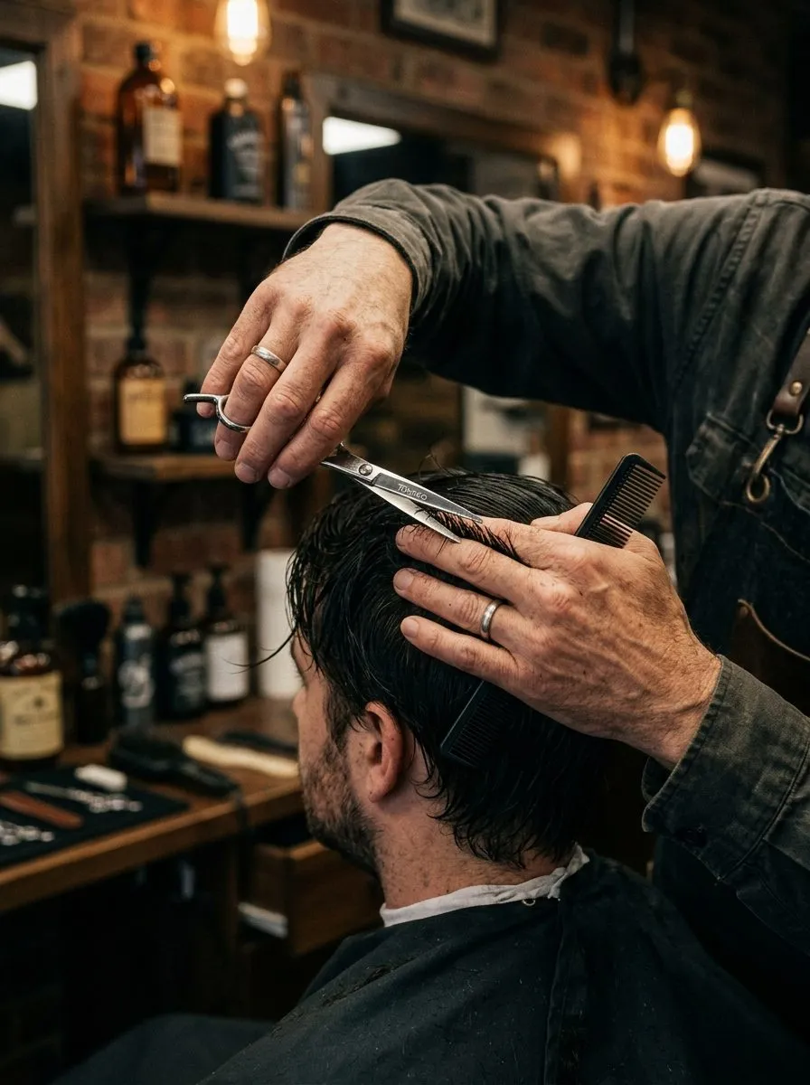 Close-up of a barber's hands guiding scissors through a precise cut