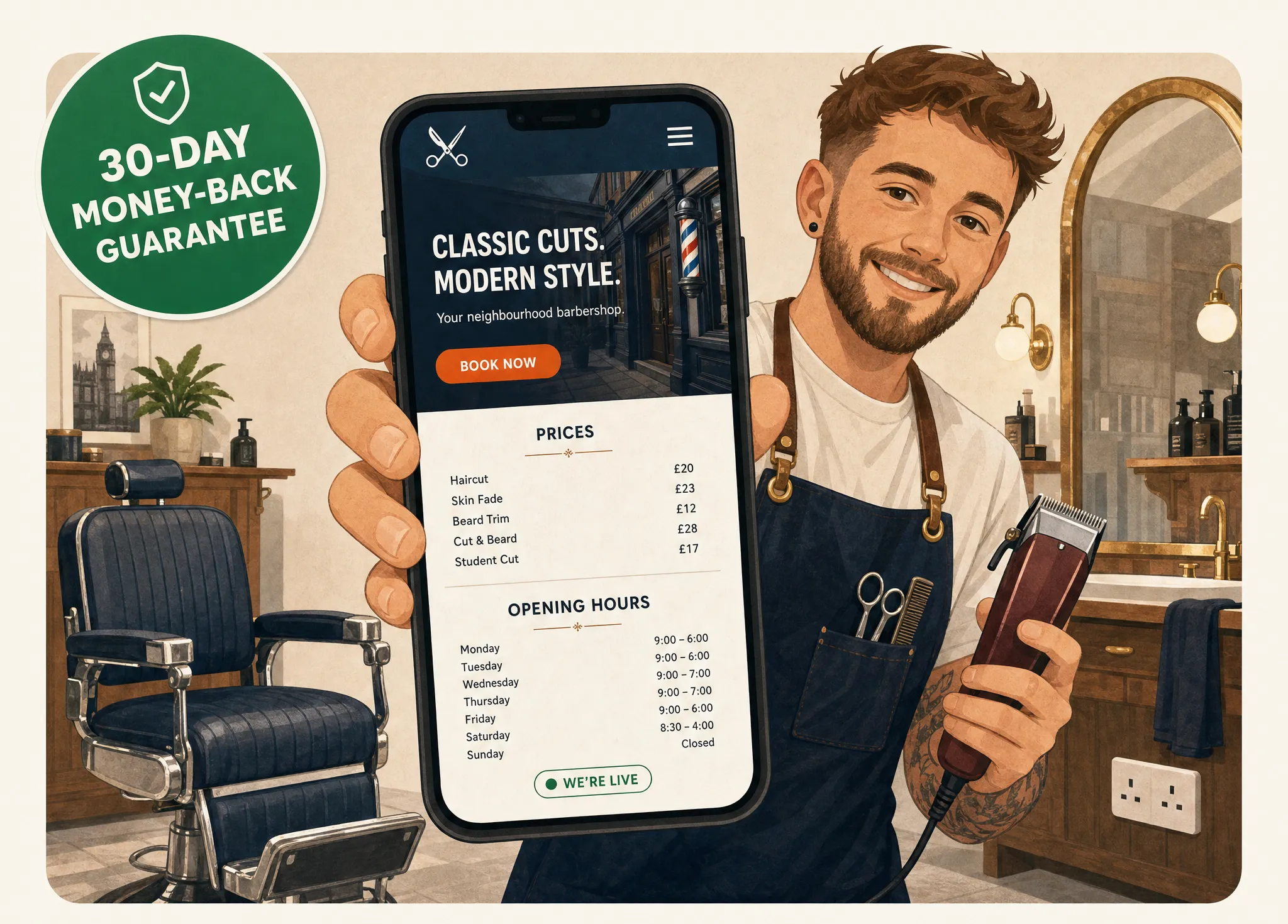 Friendly barber holding up a phone showing a new website with a big call button and a 30-day money-back guarantee badge