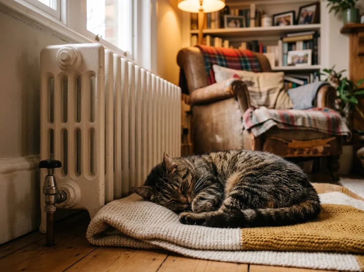 A contented cat curled up beside a warm radiator in a cosy living room
