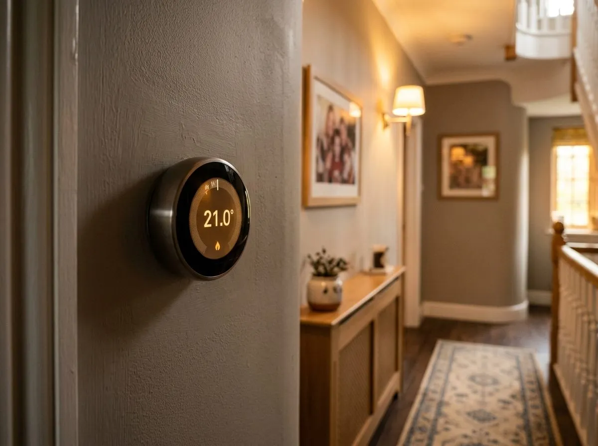 A smart thermostat set to a comfortable 21 degrees on a hallway wall