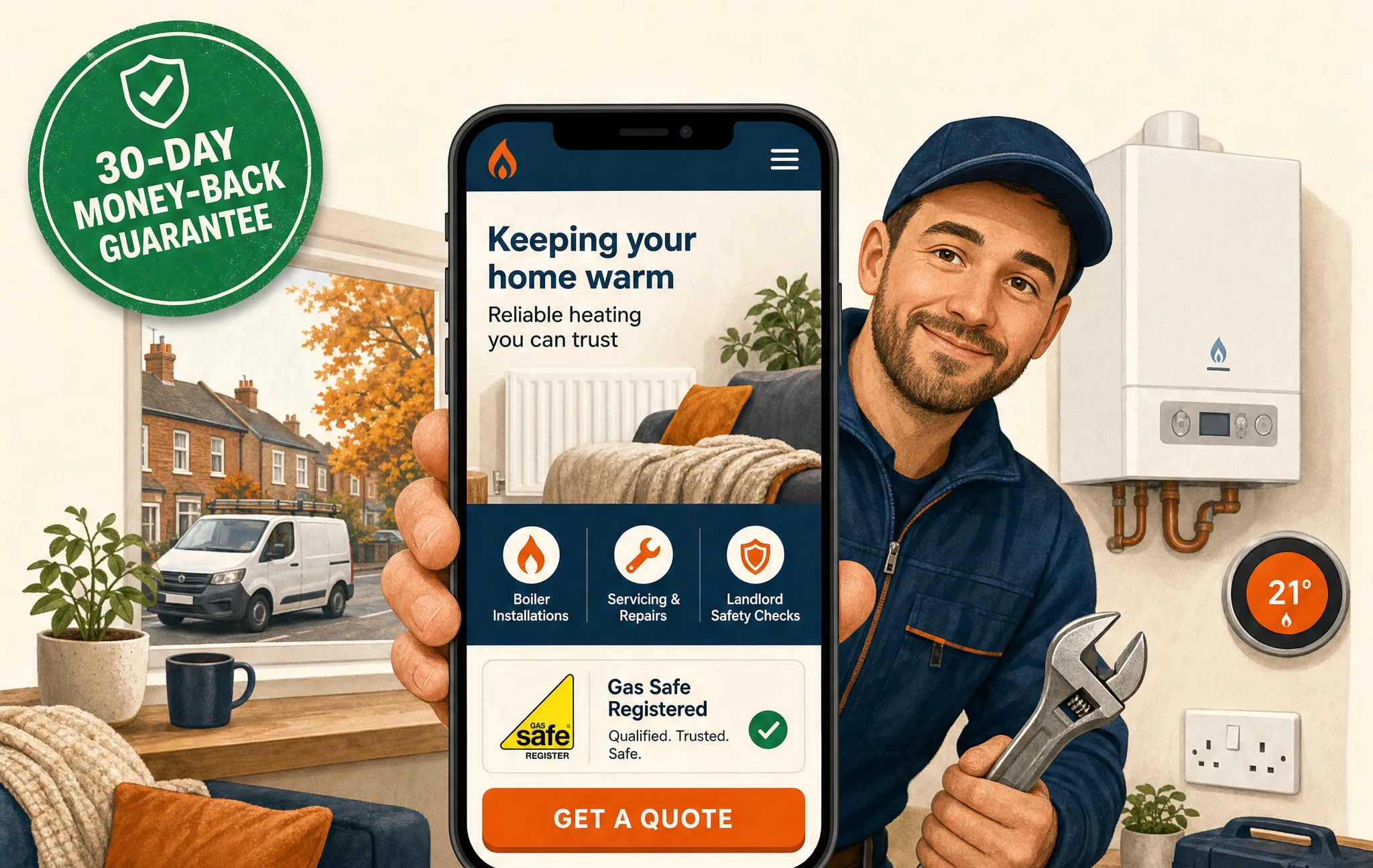 Friendly heating engineer holding up a phone showing a new website with a big call button and a 30-day money-back guarantee badge