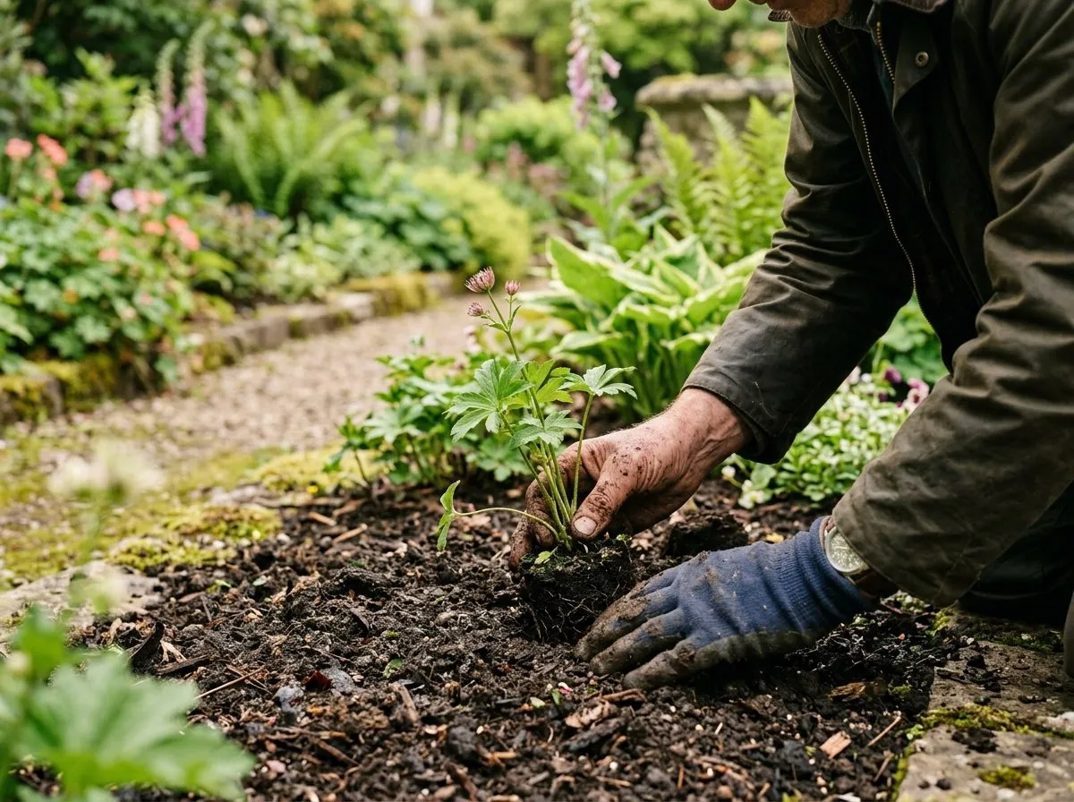 A gardener's hands settling a young perennial into freshly prepared soil