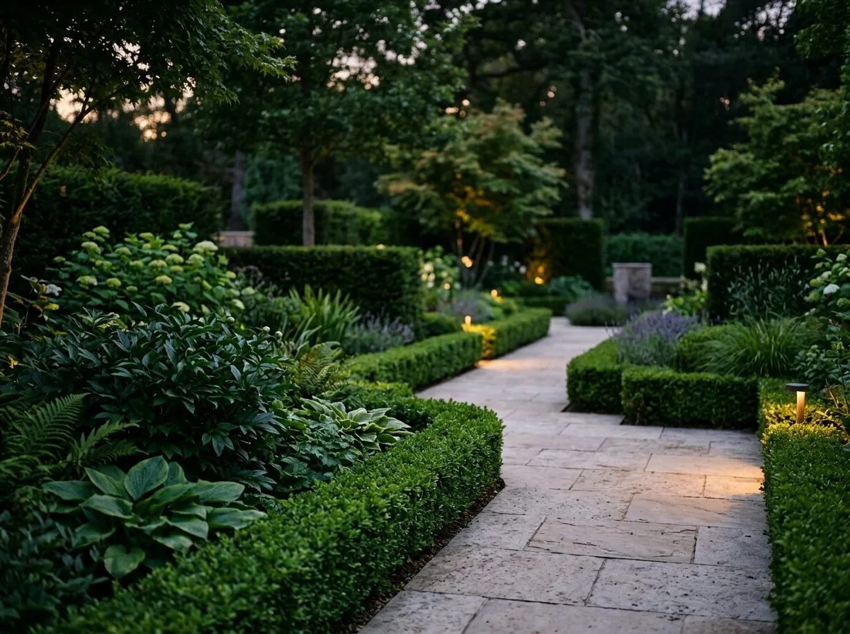 A modern garden at dusk with warm lighting, clipped hedging and a limestone terrace