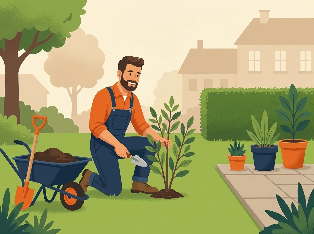 Friendly gardener planting a shrub beside a neat lawn, patio and wheelbarrow