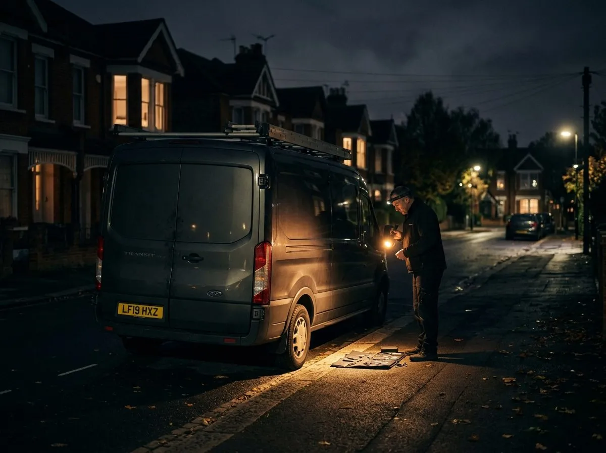 A NightOwl Locksmiths van parked on a quiet residential street at night