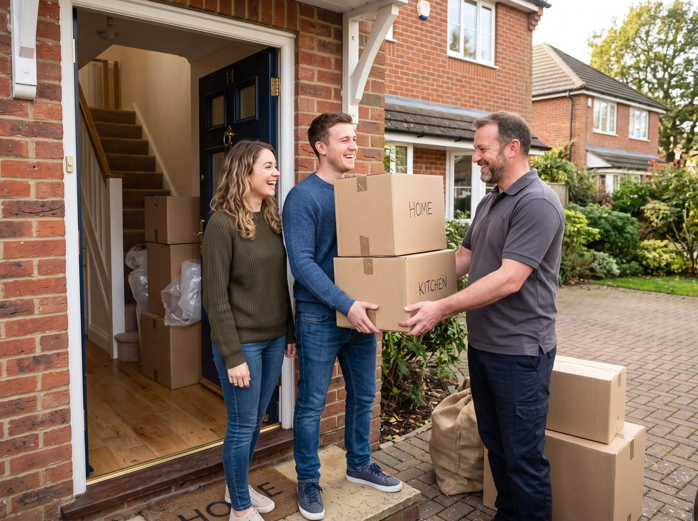 Happy customers receiving their boxes at the front door of their new home from a QuickHaul driver