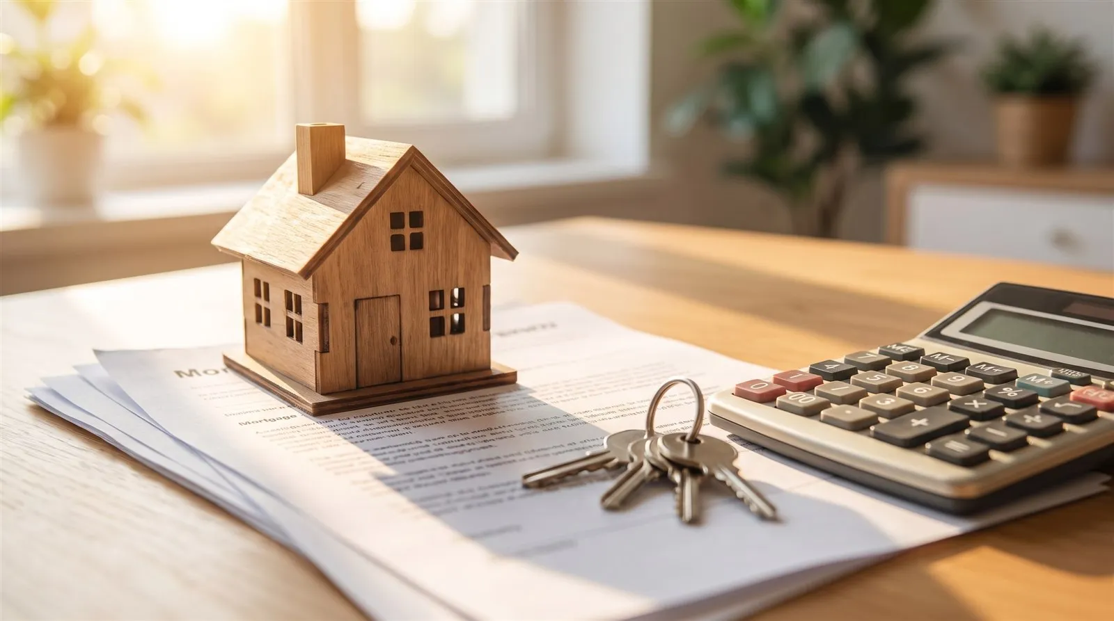 A small model house beside a set of keys and mortgage paperwork on a desk