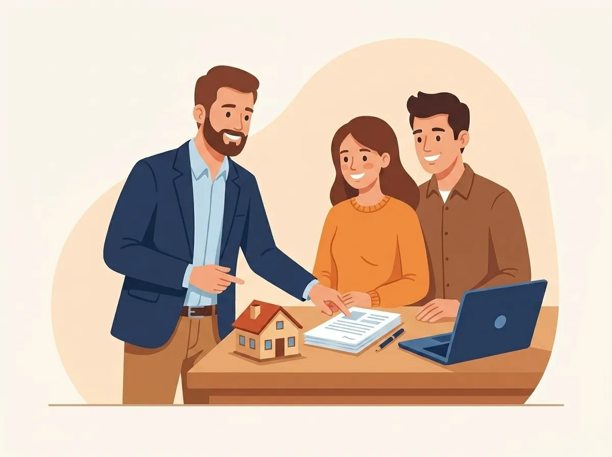 Friendly mortgage broker explaining paperwork to a young couple across a desk