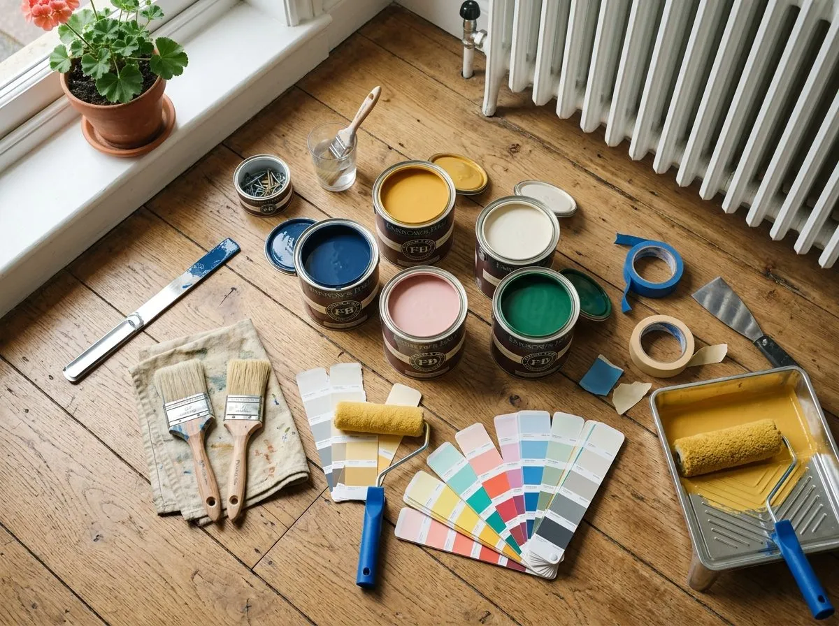 A flat lay of decorating materials, brushes, rollers, colour swatches and tins of paint