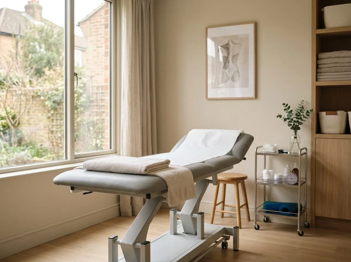 A calm, sunlit treatment room at Restore Physiotherapy with a plinth and soft neutral tones