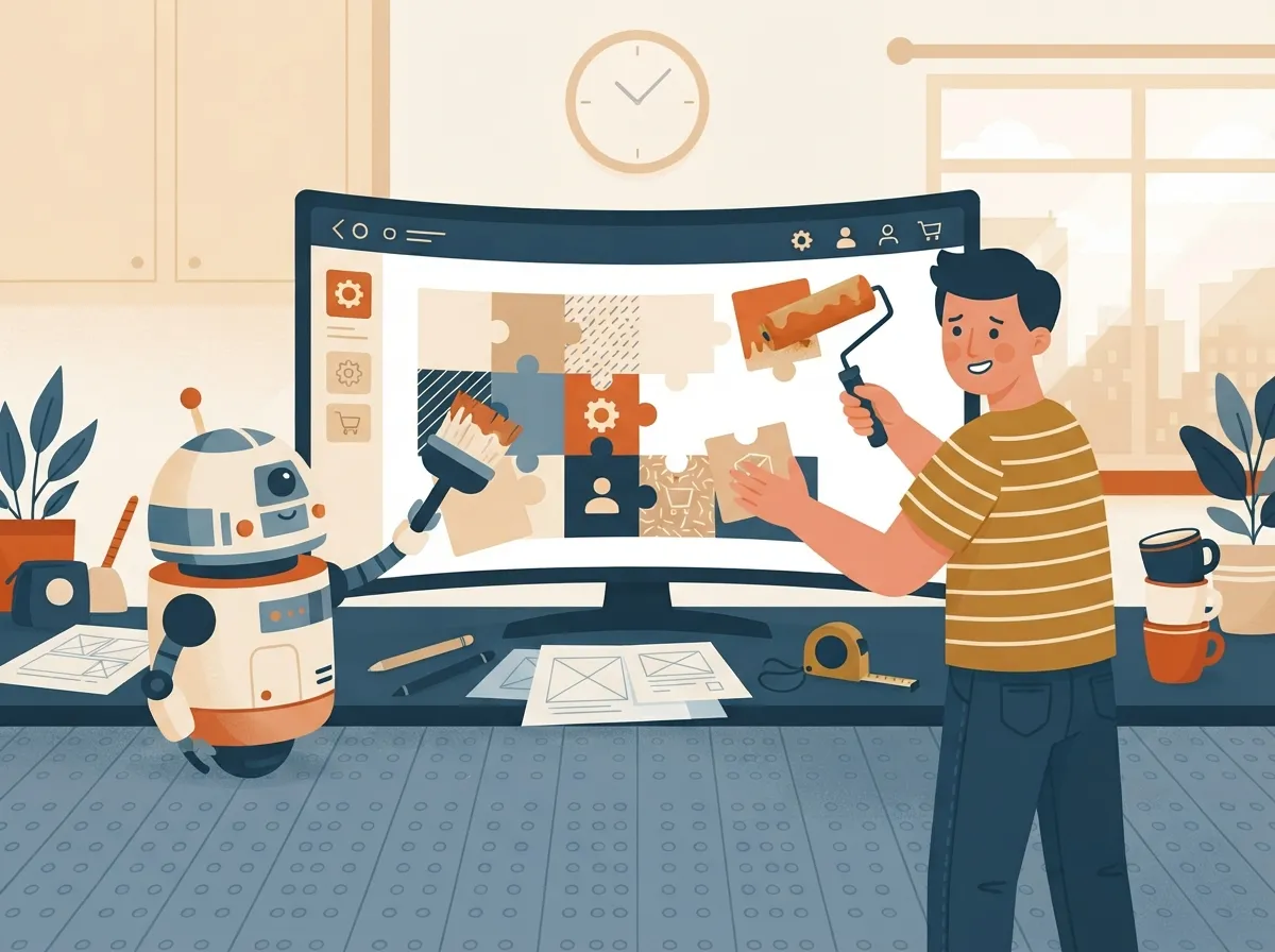 Designer and friendly robot assembling a website together on a big screen
