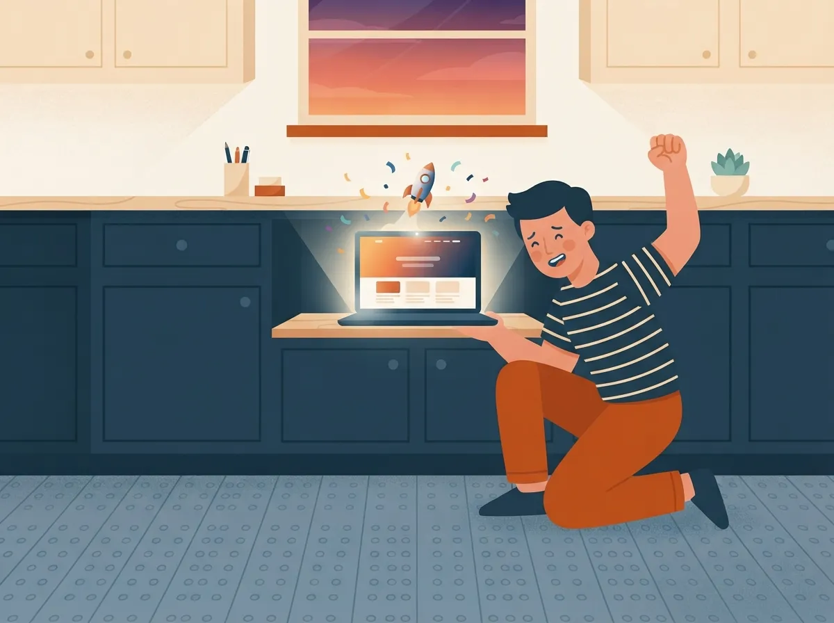 Owner celebrating as his new website goes live on a laptop in the evening