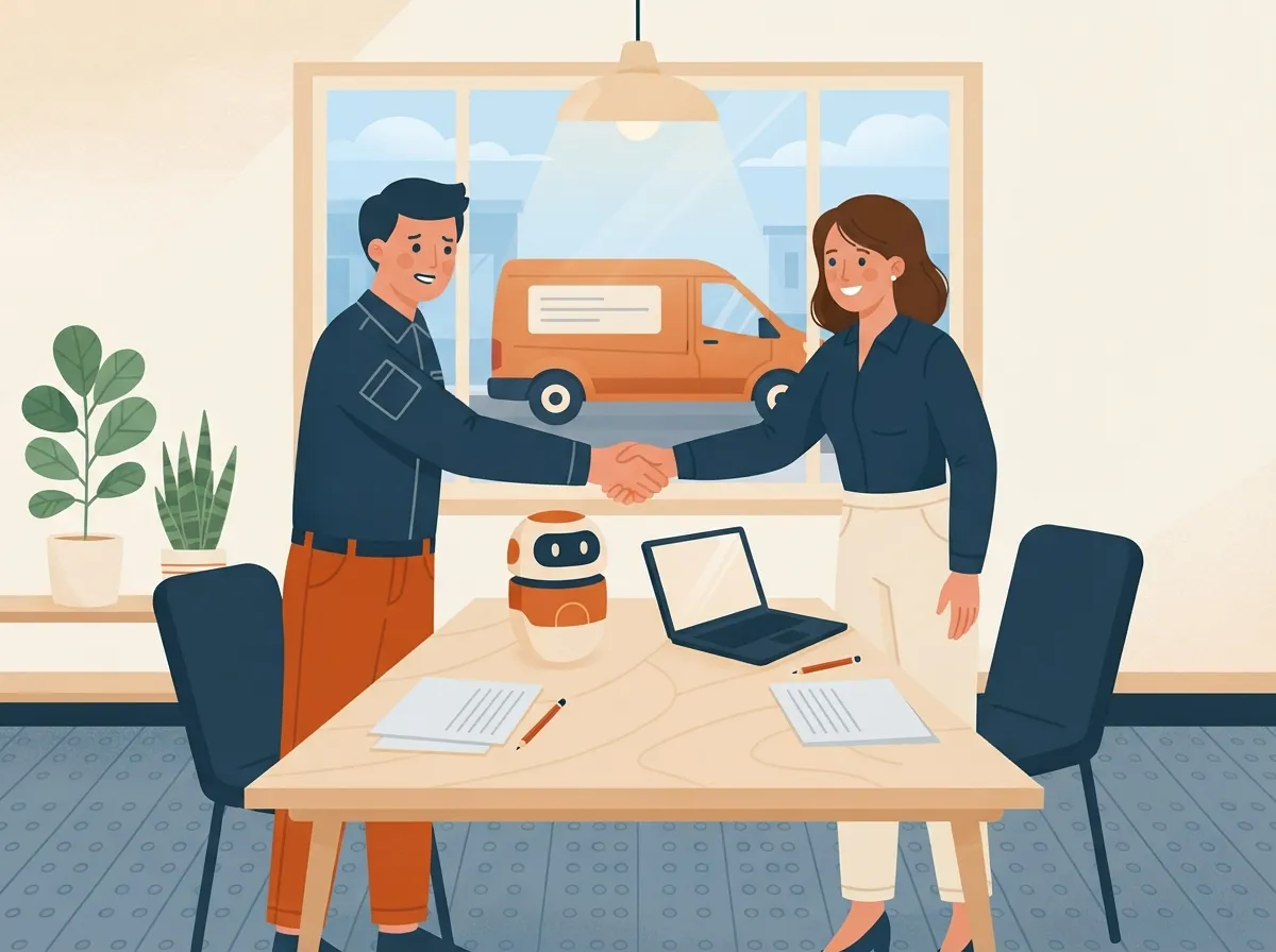 Tradesman and consultant shaking hands over a table with a small robot assistant between them