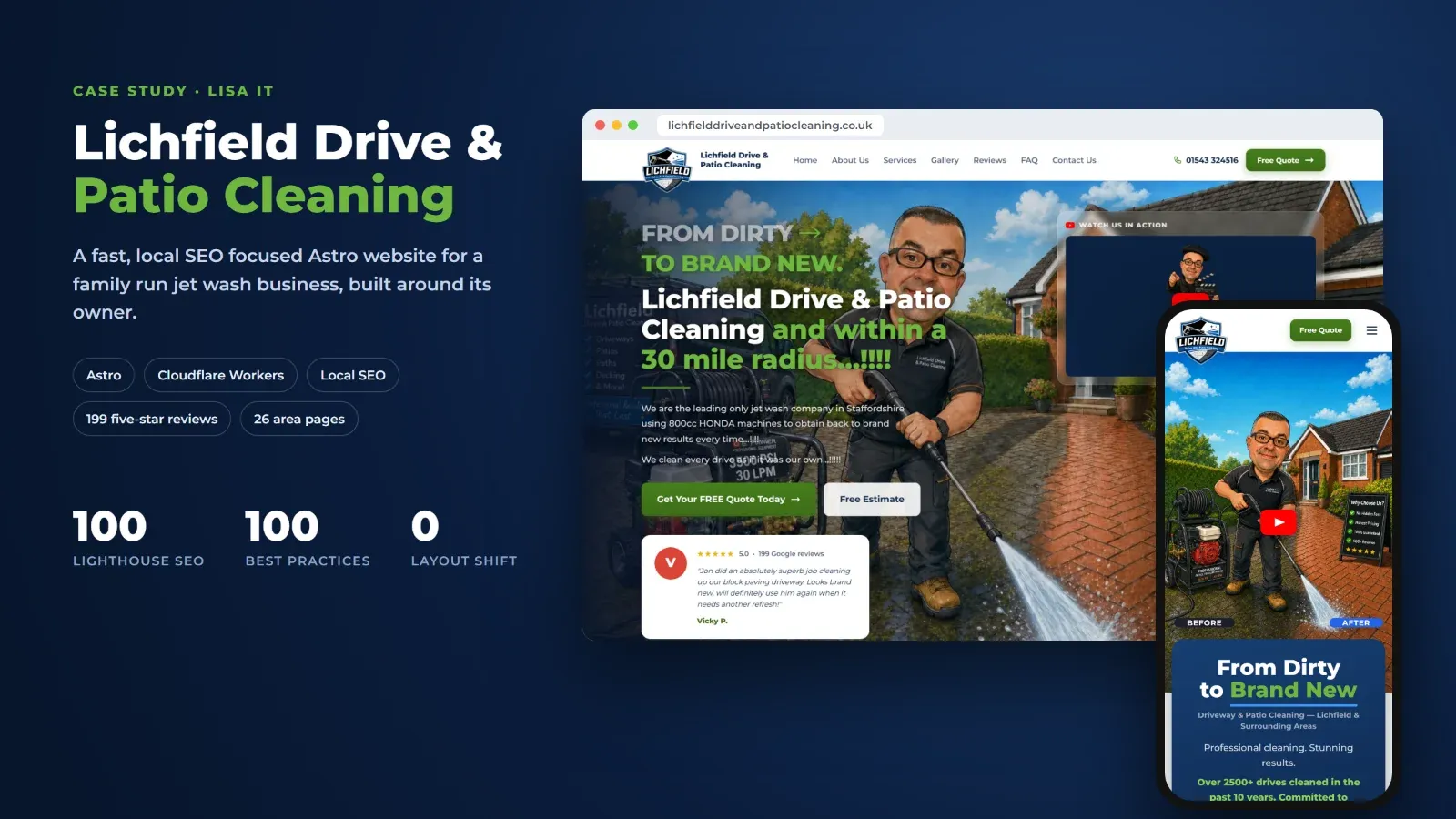 The Lichfield Drive & Patio Cleaning website on desktop and mobile, with an illustrated Jon pressure washing a driveway