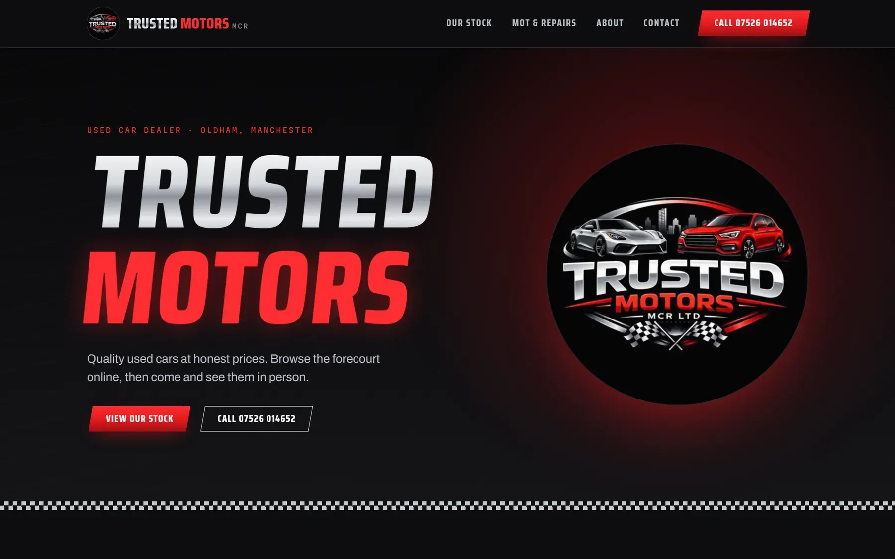 The Trusted Motors MCR home page, with chrome and red lettering taken from the logo