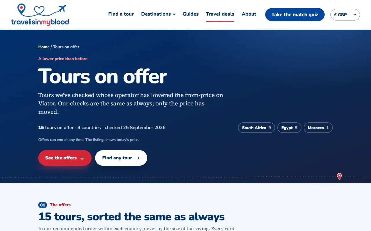 Page listing tours that are on offer, grouped by country
