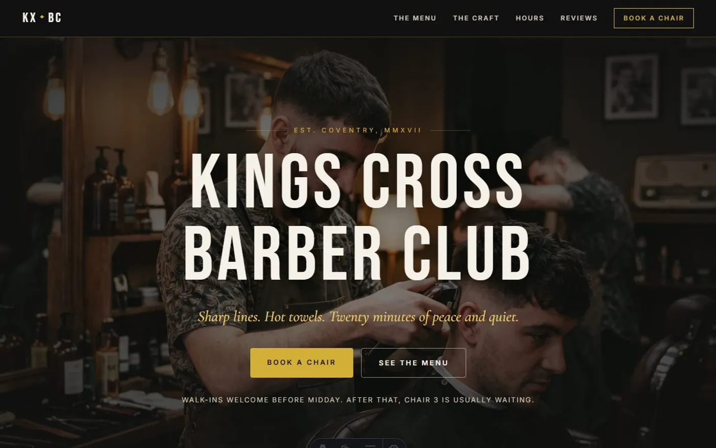 Kings Cross Barber Club, a sample barber website we designed